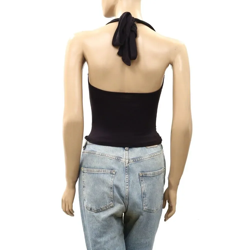 Free People Electric Bloom Halter Blouse Top Ruched Trendy Black Solid L 288759
